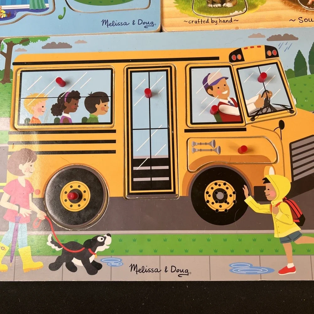 3- Melissa & Doug Musical Wooden Sound Puzzles Nursery Rhymes Farm Animals Bus